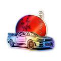 White Sports Car Red Sun Holographic Stickers